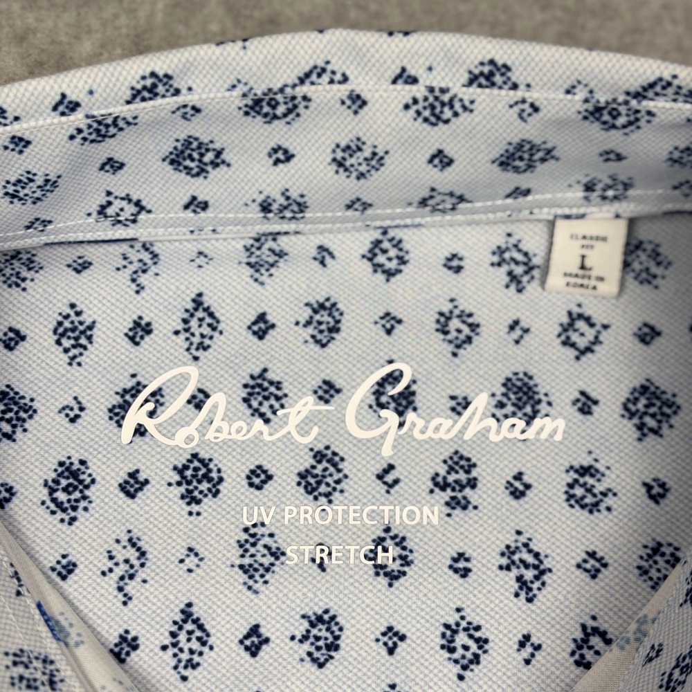 Robert Graham Shirt Mens L Classic Fit Blue White Geometric Medallion Stretch - Picture 3 of 10